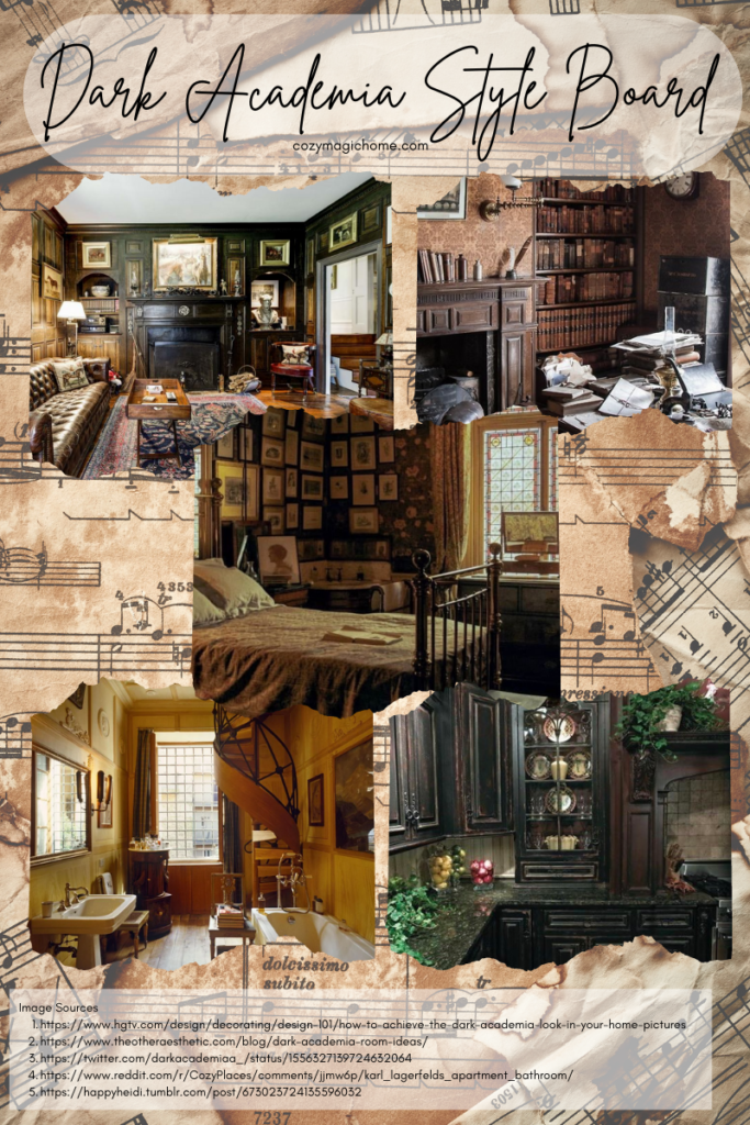 A decor style board of dark academia 
themed rooms around the home.