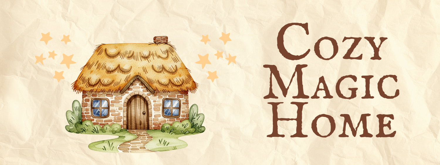 Logo of cutesy cottage surrounded by yellow stars on the left, and on the right it says 'Cozy Magic Home' on the right in brown letters