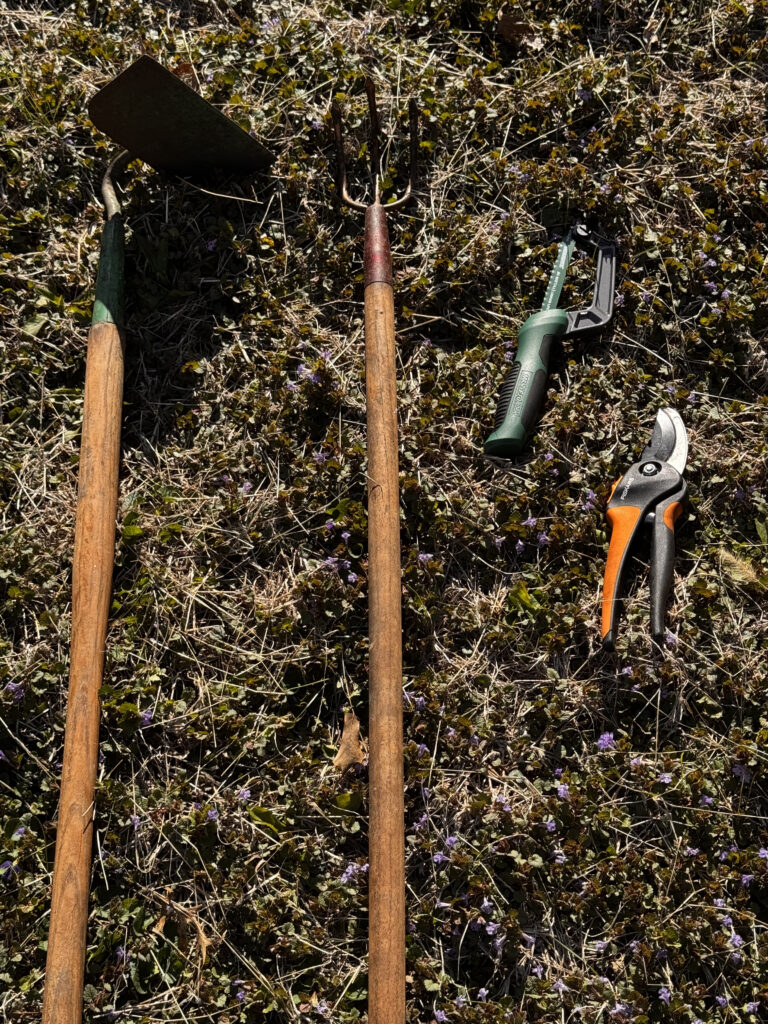 A Quick Guide to Installing a Rain Barrel - garden tools used to flatten ground, hoe, cultivator hand saw and garden pruners