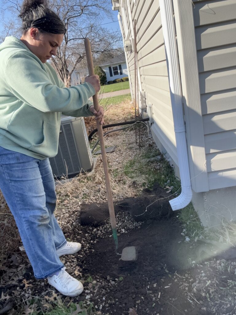 A Quick Guide to Installing a Rain Barrel - using the hoe to flatten the ground 2
